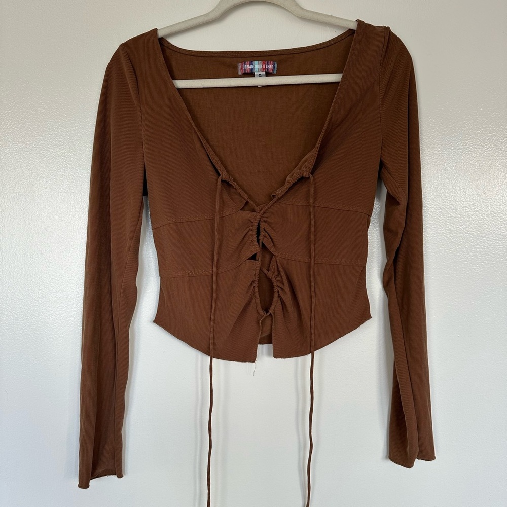 Chocolate Long Sleeve Lace Up Cropped Urban Outfitters Top Medium